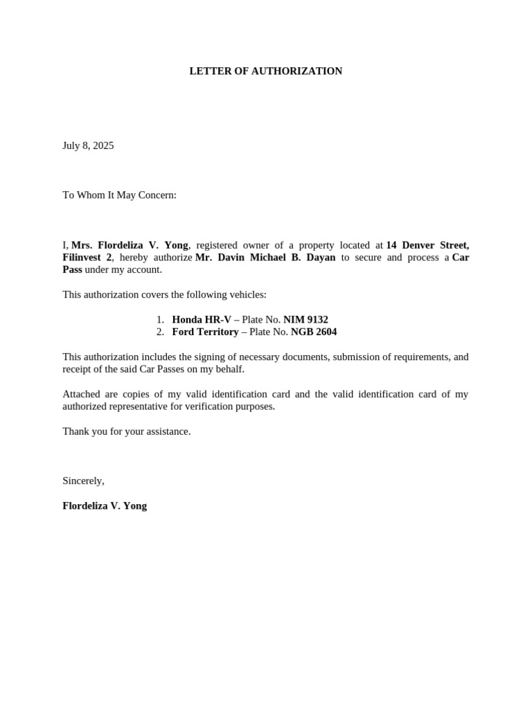 Authorization Letter for Car Pass | PDF