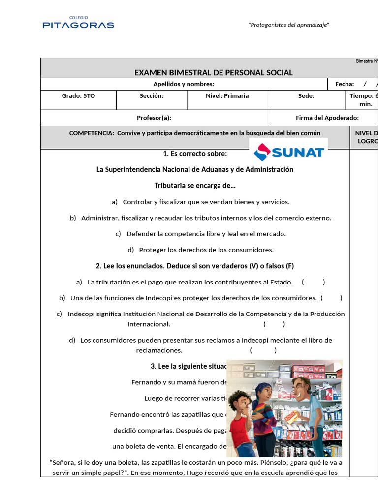 Examen Bimestral de Personal Social 5to | PDF | Perú | América del Sur