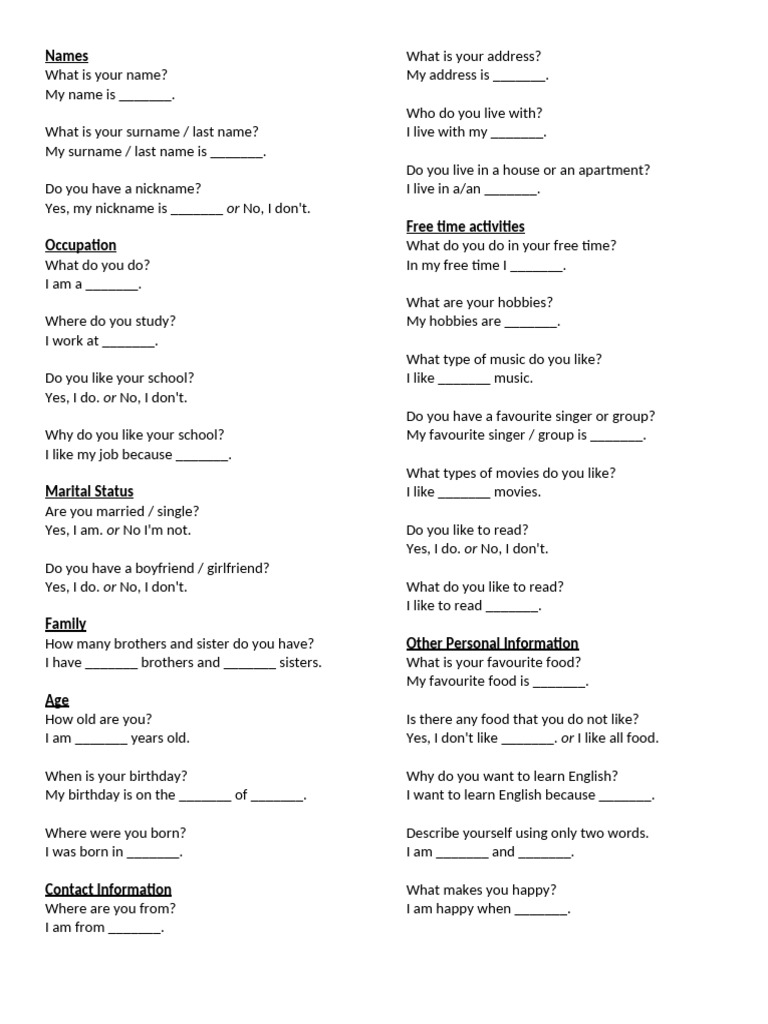 Personal Information Questionnaire Template | PDF | Onomastics