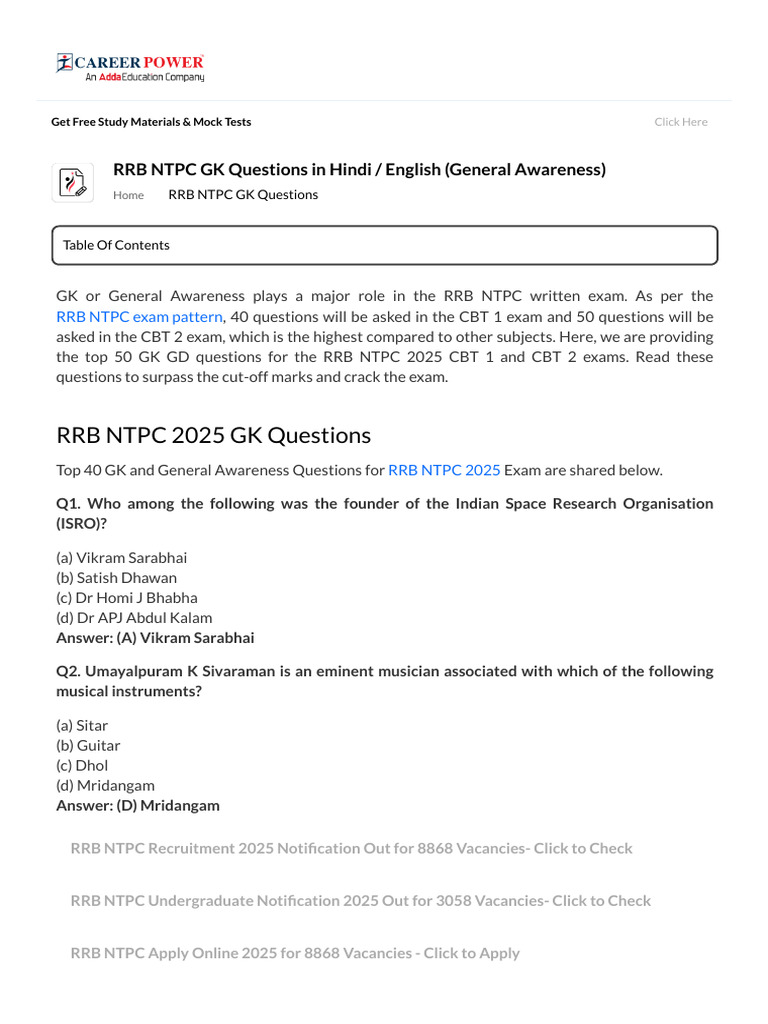 RRB NTPC 2025 GK Questions Guide | PDF | Indian National Congress | Glucose