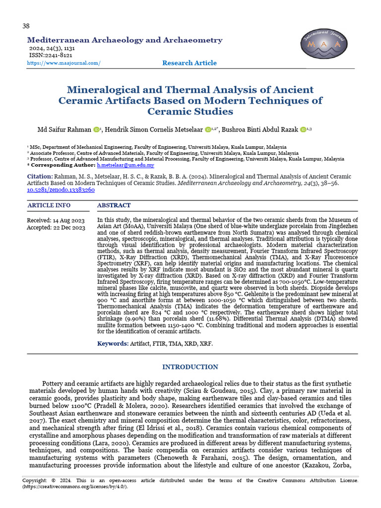 Mineralogical and Thermal Analysis of Ancient Ceramic Artifacts Based ...