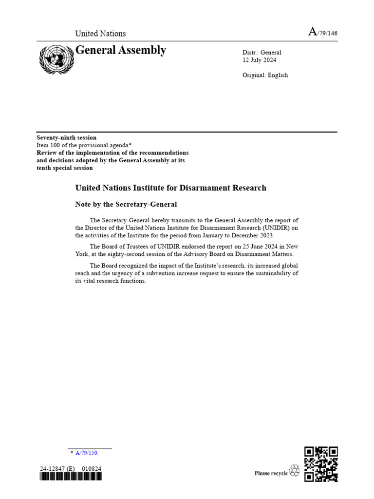 2024 UNIDIR Directors Report | PDF | Nuclear Disarmament | Nuclear ...