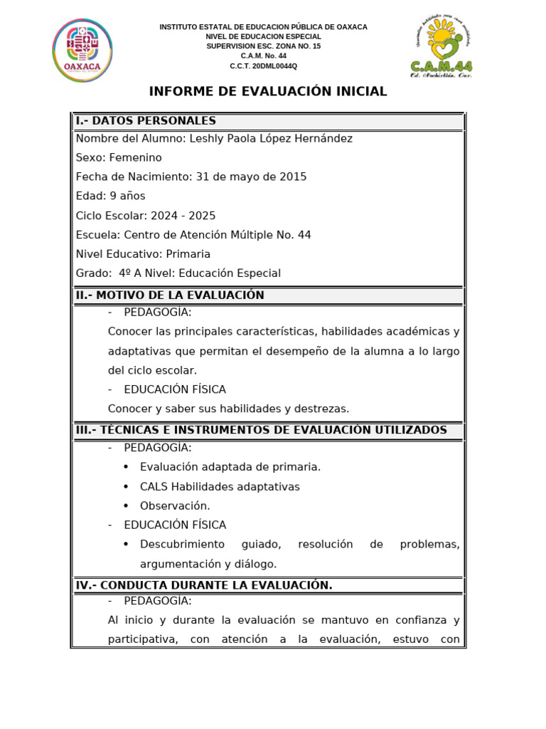 Informe Inicial Leshly | PDF | Educación especial | Cognición