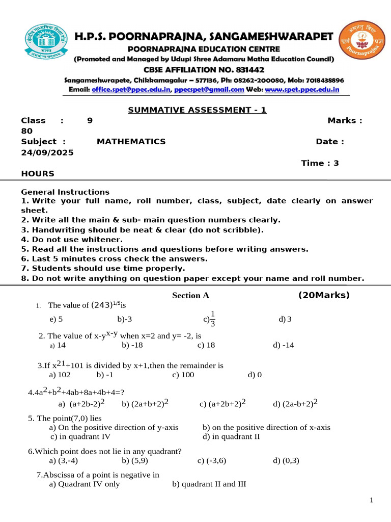 Class 9 Mathematics Summative Assessment | PDF | Line (Geometry ...