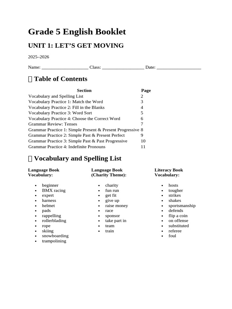 Grade 5 English Vocabulary & Grammar Guide | PDF | Grammar