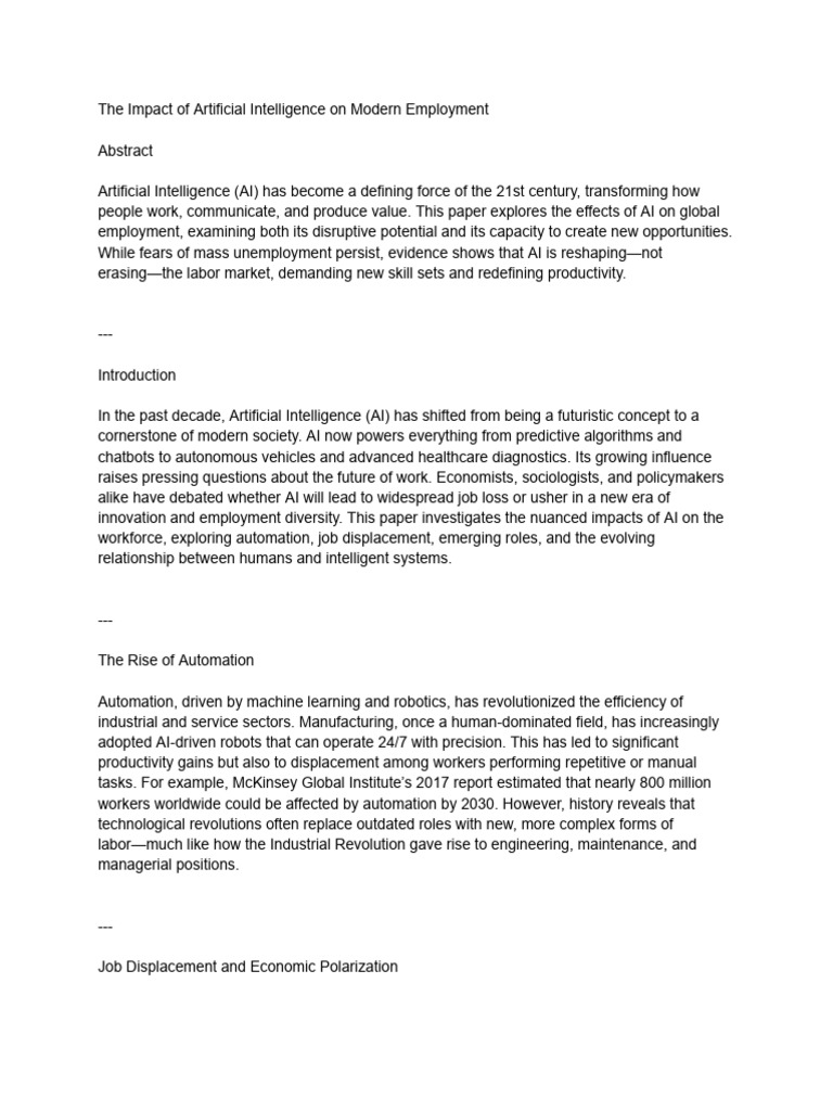 The Impact of Artificial Intelligence On Modern Employment | PDF ...