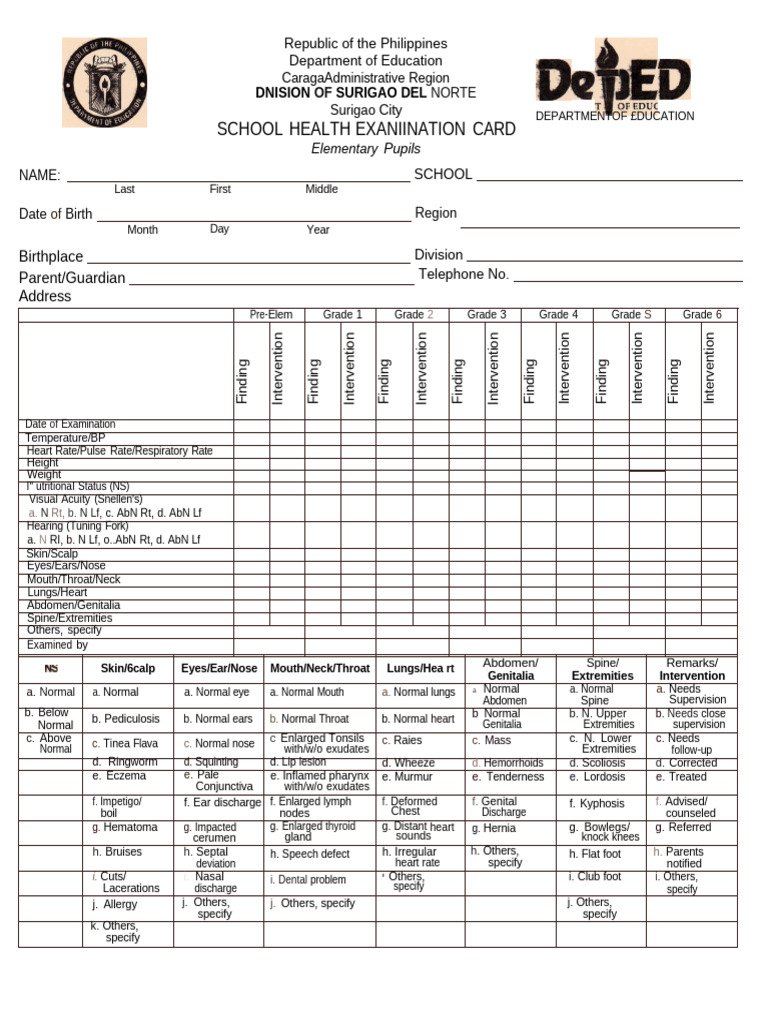 School Health Examination Card Template | PDF | Dentistry | Medical ...