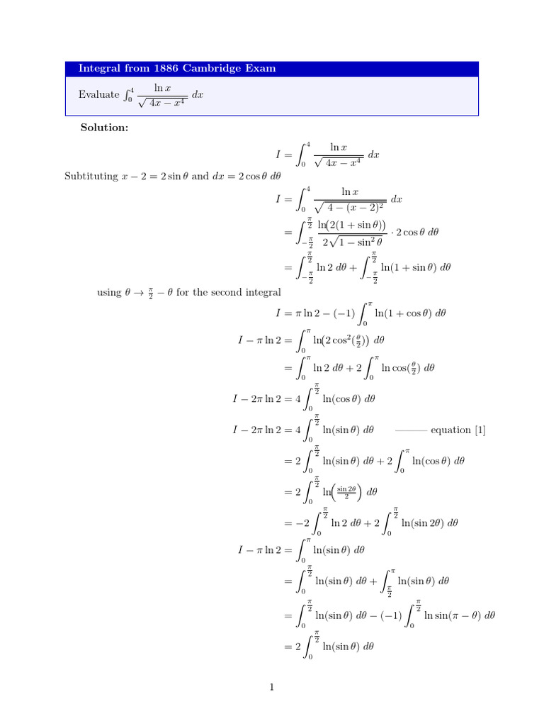 1886 Cambridge Exam Integral Solution | PDF