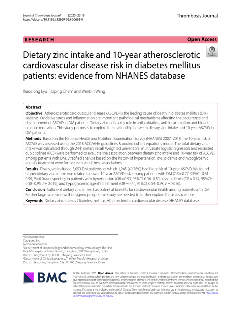 Zinc Intake and ASCVD Risk in Diabetes | PDF | Cardiovascular Diseases ...