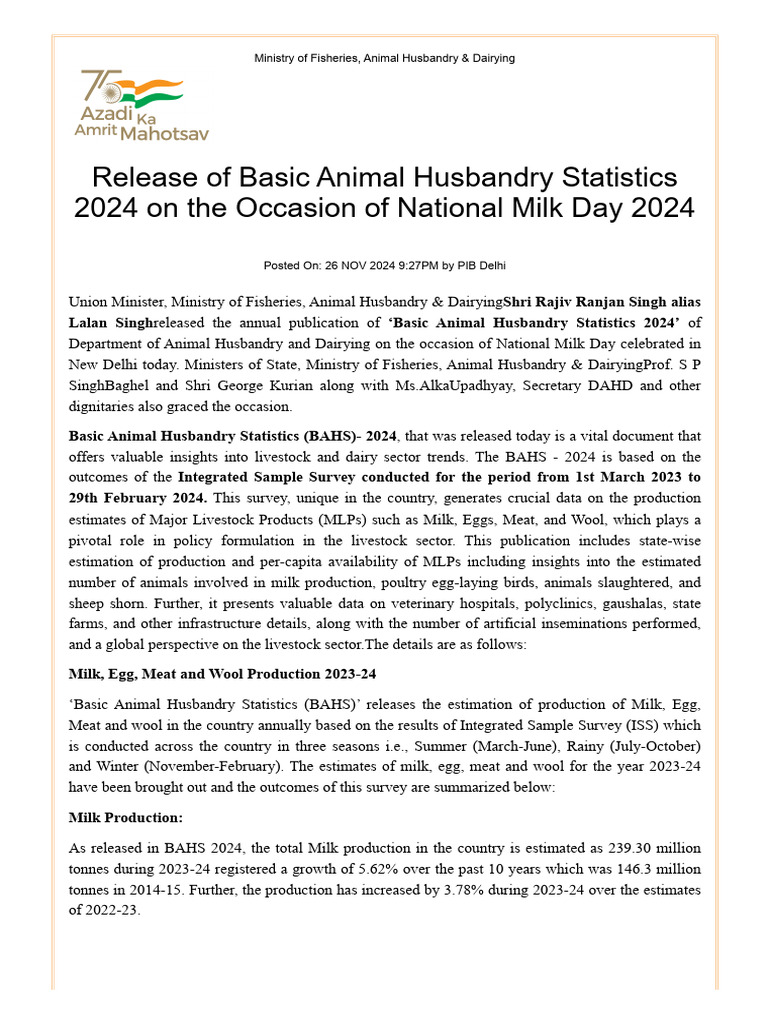 Basic Animal Husbandry Statistics 2024 | PDF | Livestock | Food Industry