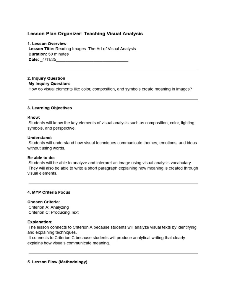 Lesson Plan Organizer Teaching Visual Analysis | PDF | Semantics | Image