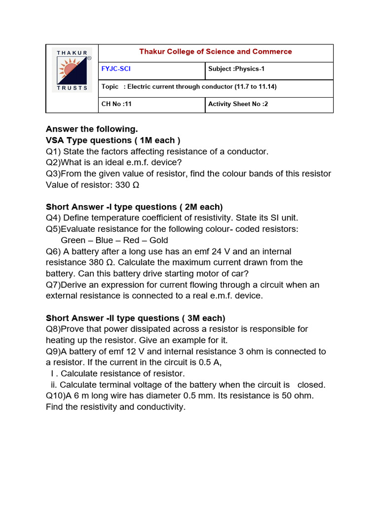 Electric Current Through Conductor Activity 2 | PDF