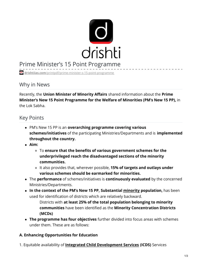 PM's 15 Point Programme for Minorities | PDF | Government Of India