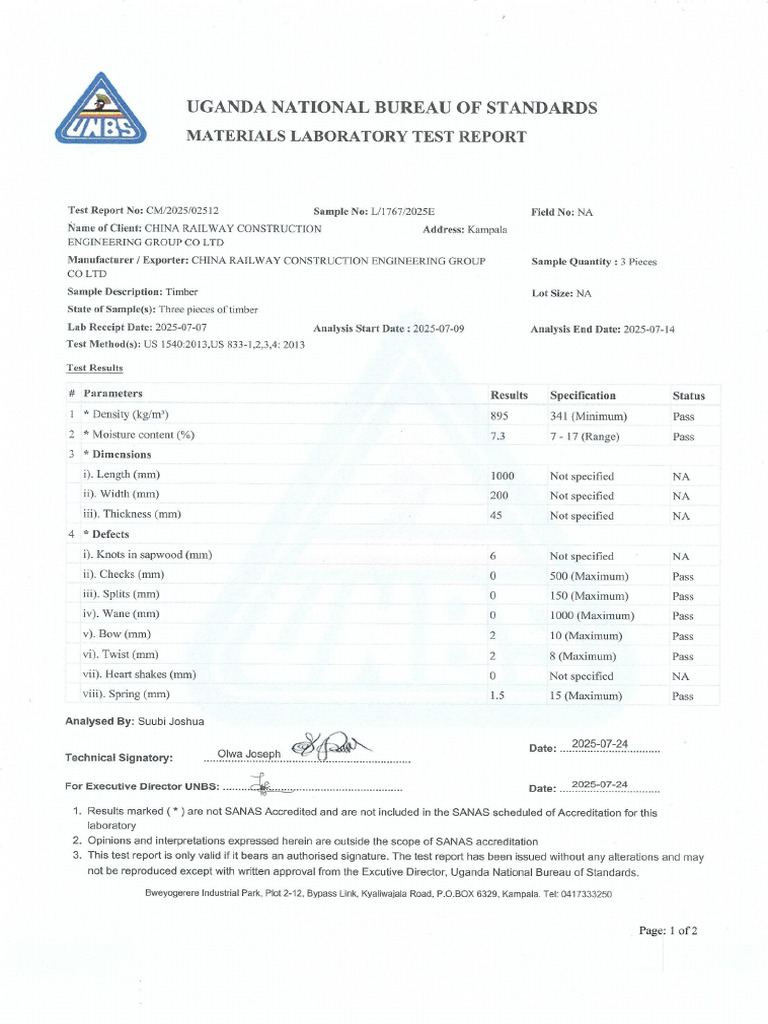 Timber Test Report As of 28-07-2025 | PDF