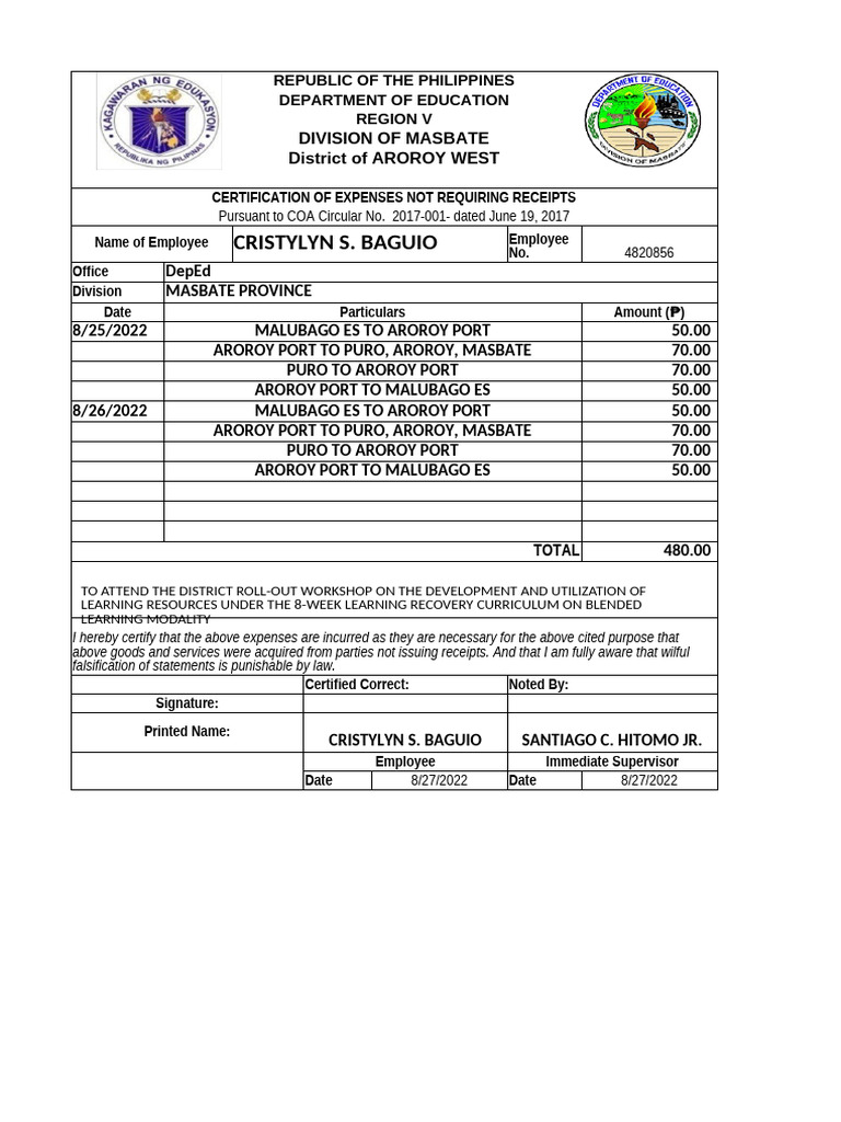 Certificate of Expenses Not Requiring Receipt 8 WEEK | PDF