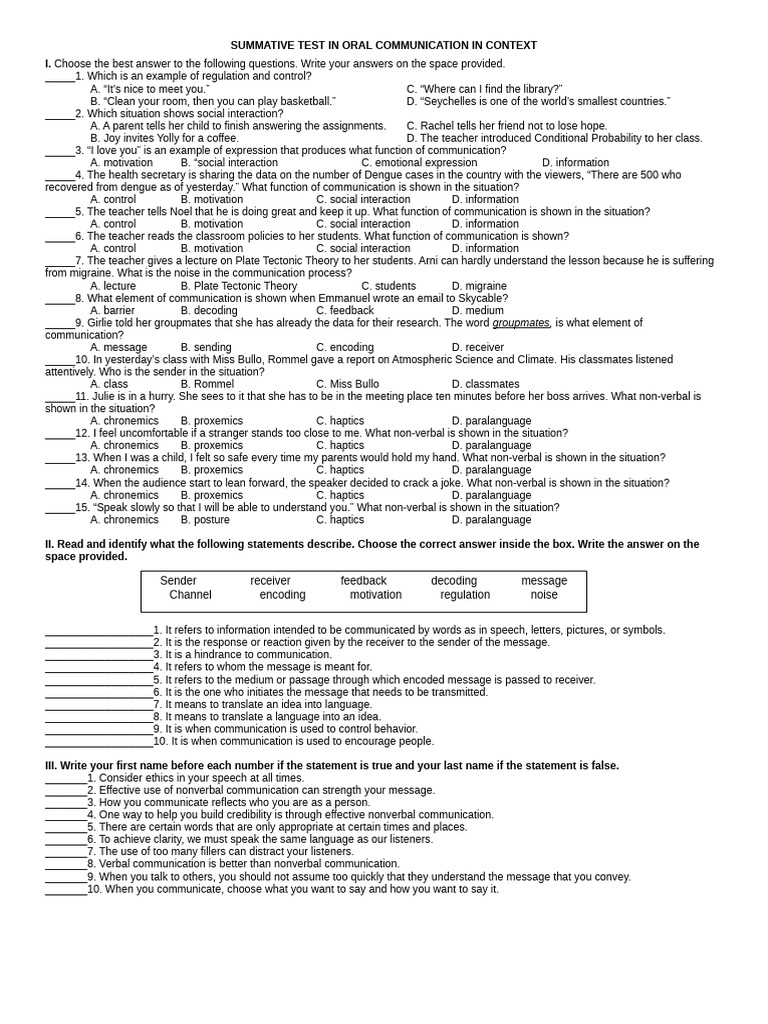 Oral Communication Summative Test | PDF | Nonverbal Communication ...