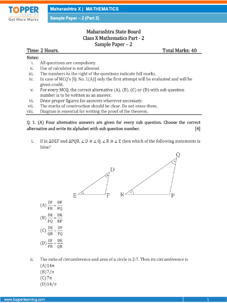 Sample Papers For MSB Class 10 Mathematics Part 2 2023 #2 Questions ...