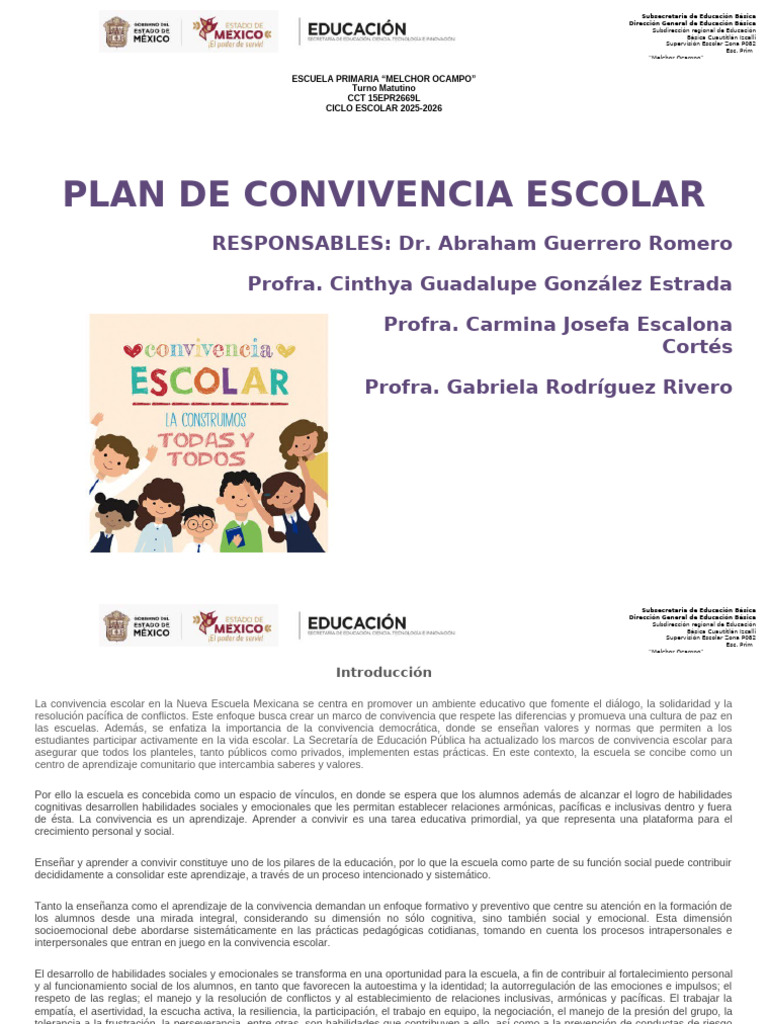 Plan de Convivencia Escolar 2025-2026 | PDF | Las emociones | Aprendizaje