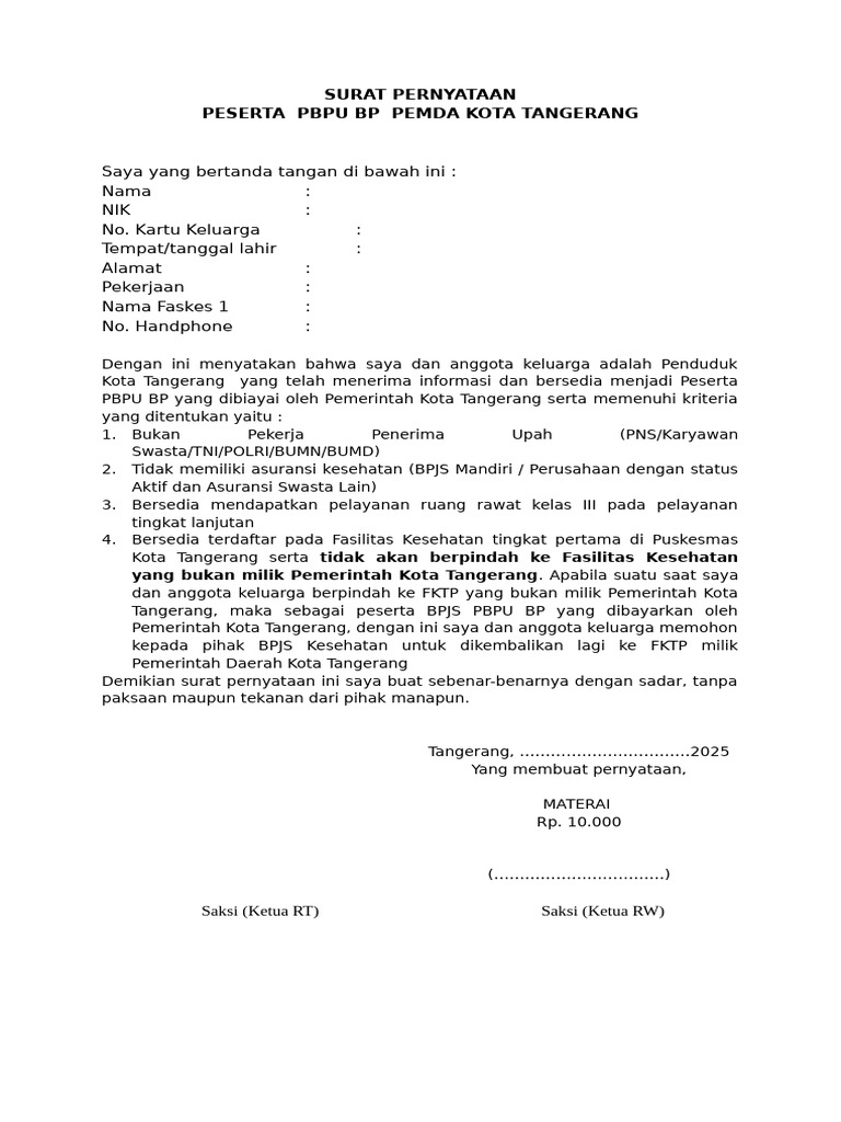 Draft Surat Pernyataan PBPU BP Pemda_2025 | PDF