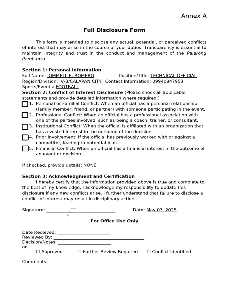 Jommell RomeroFull Disclosure Form For TOs | PDF