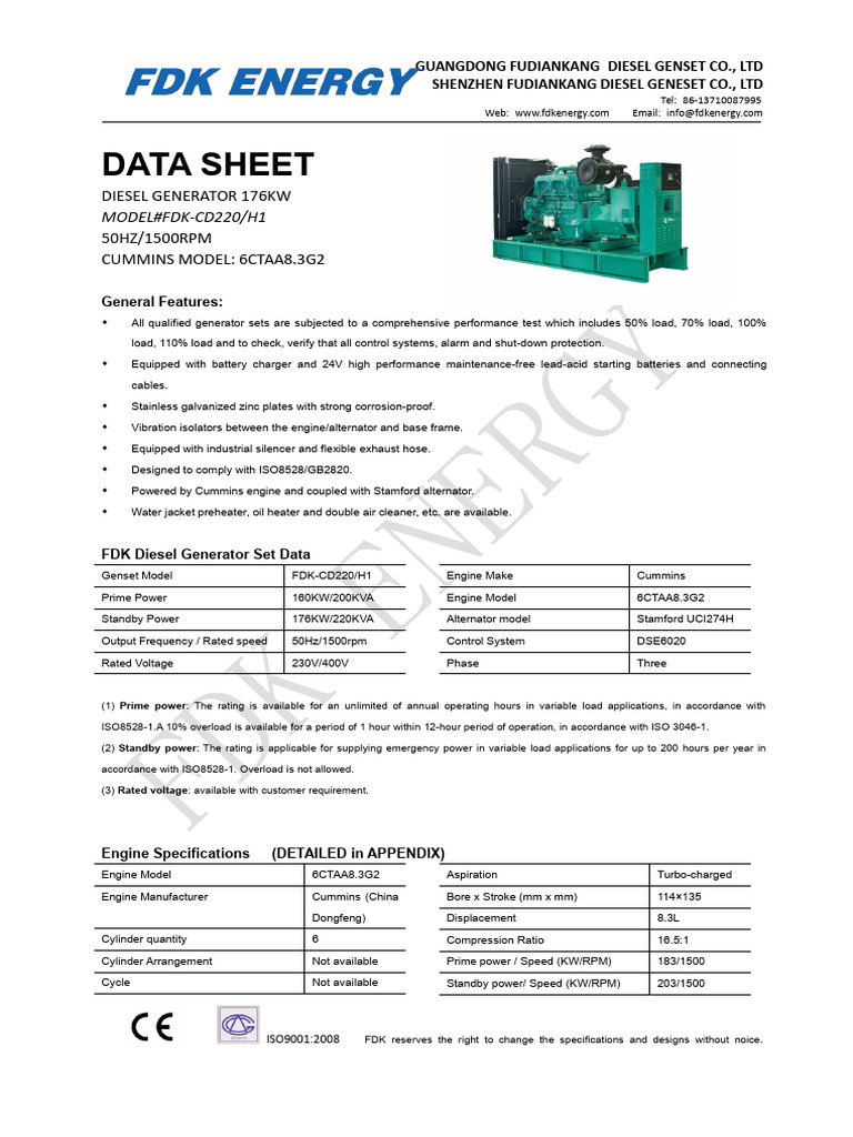 Diesel Generator Engine Specifications | PDF | Engines | Horsepower