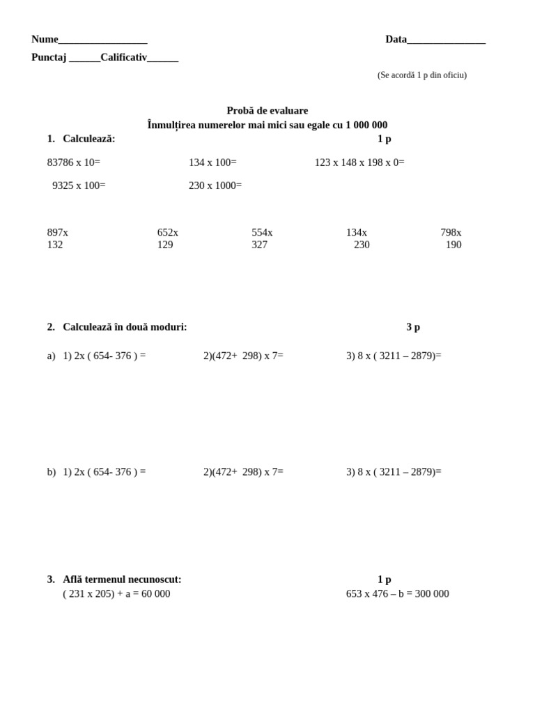 Proba de Evaluare Inmultirea Numerelor Naturale | PDF
