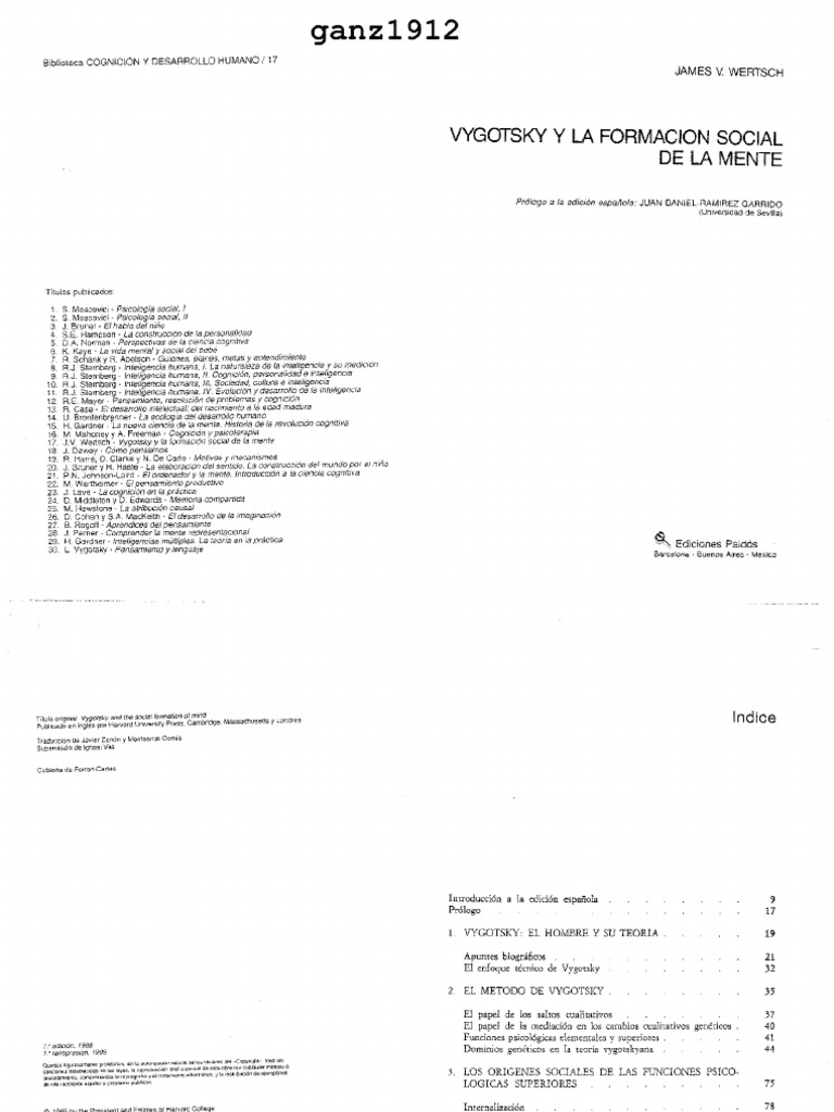Wertsch James V Vygotsky Y La Formacion Social de La Mente PDF | PDF