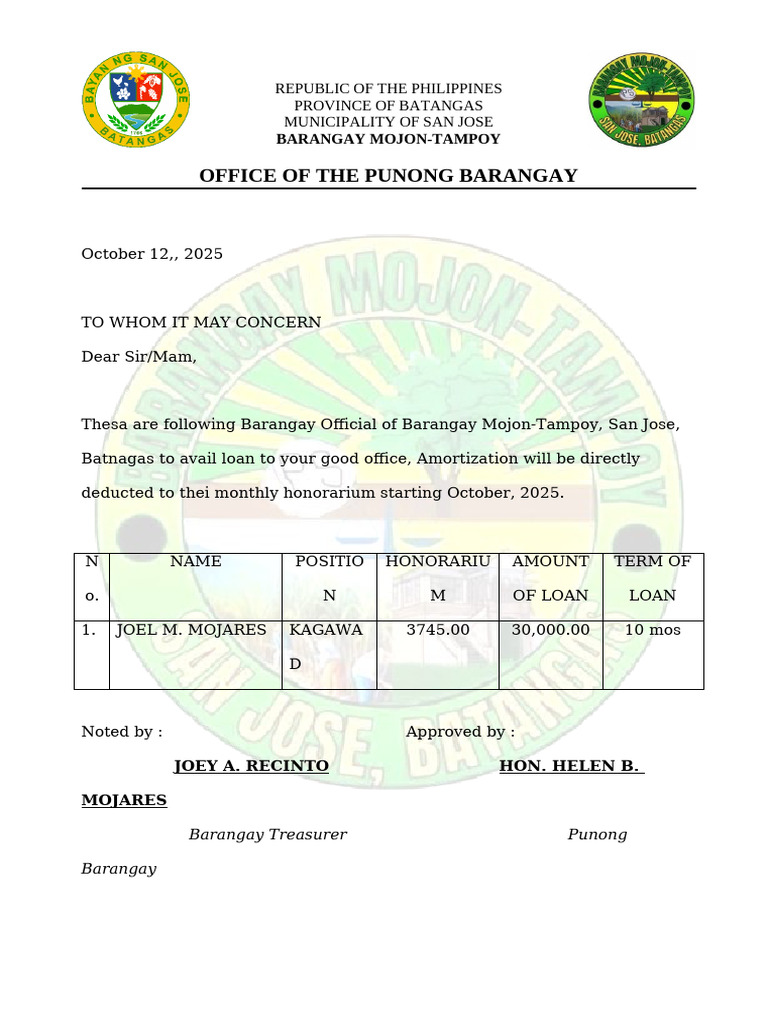 Barangay Mojon-Tampoy Loan Request | PDF