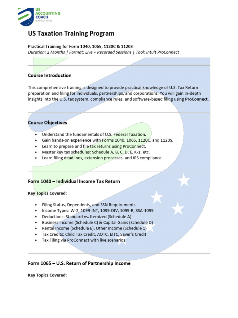US Taxation Training: Forms 1040, 1065, 1120C, 1120S | PDF | Irs Tax ...