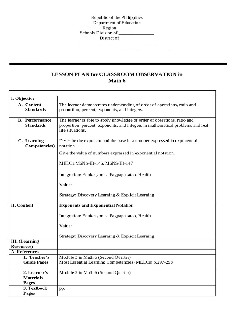 Math 6 Lesson Plan on Exponents | PDF | Exponentiation | Learning