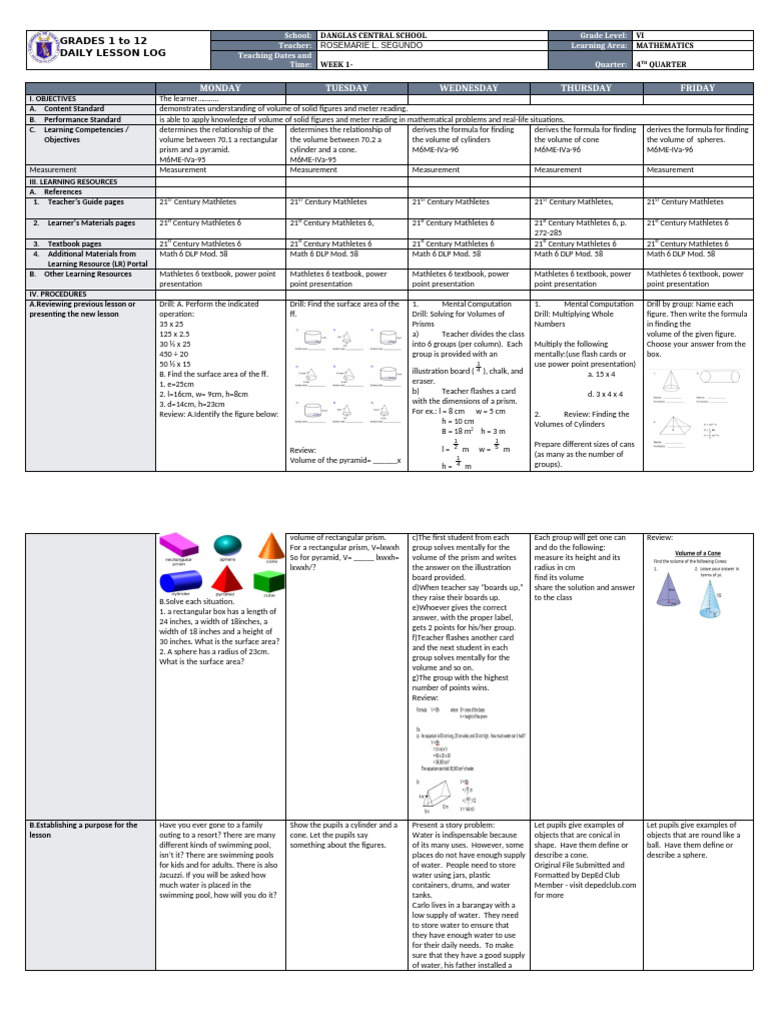 Dll Mathematics 6 q4 w1 | PDF | Volume | Area