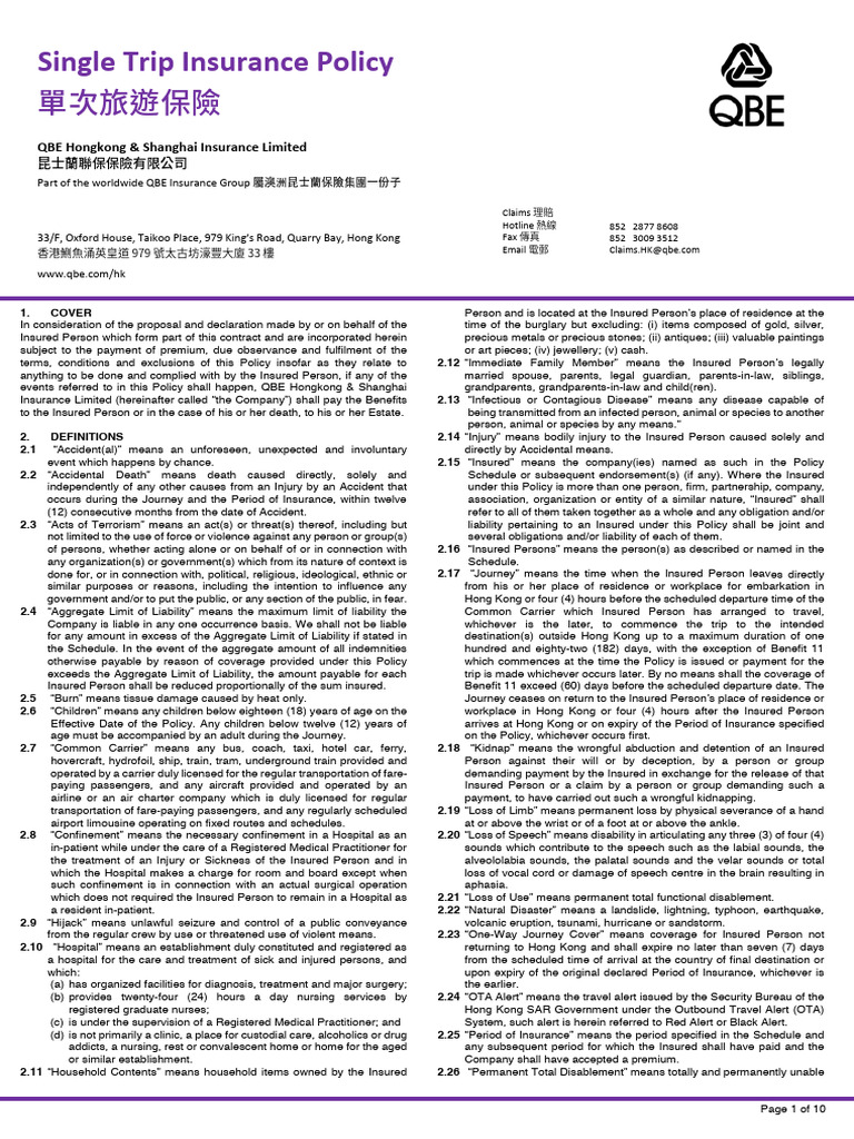Single Trip Insurance Policy Overview | PDF | Insurance | Finger