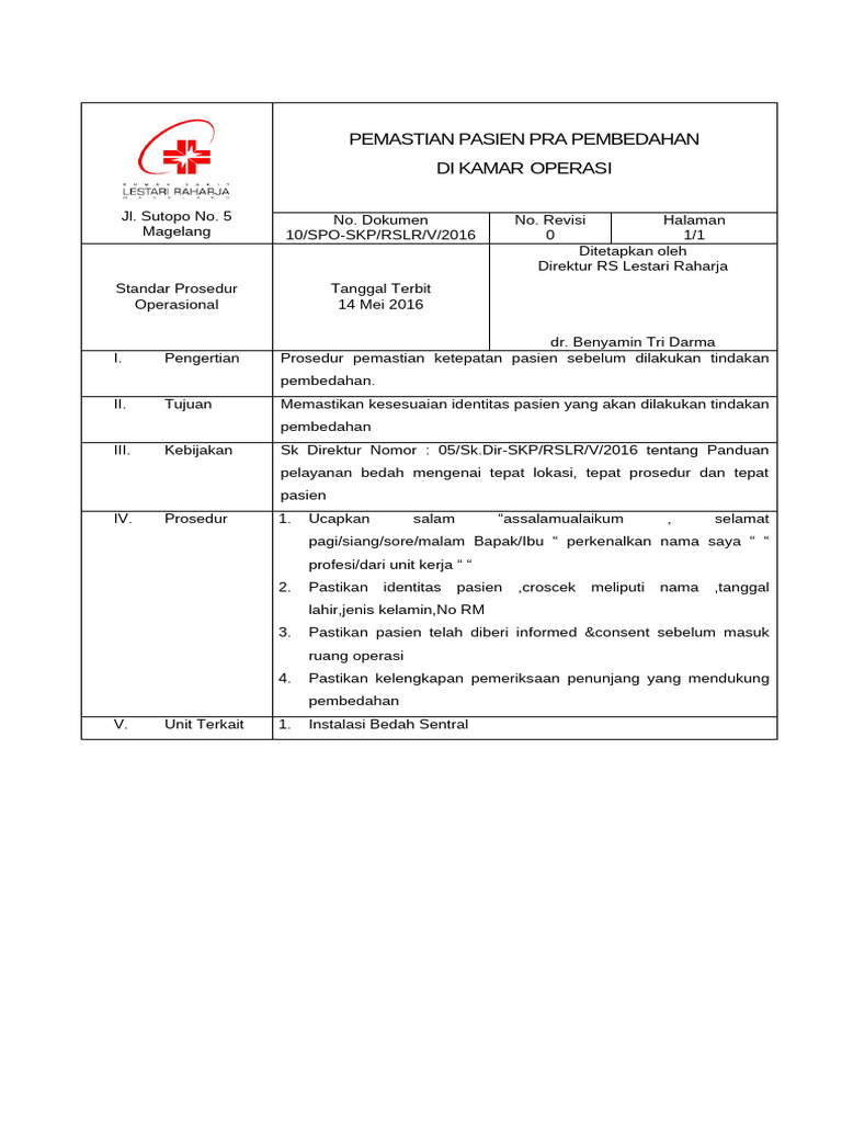 10 Sop Pemastian Pasien Pra Pembedahan Di Kamar Operasi | PDF