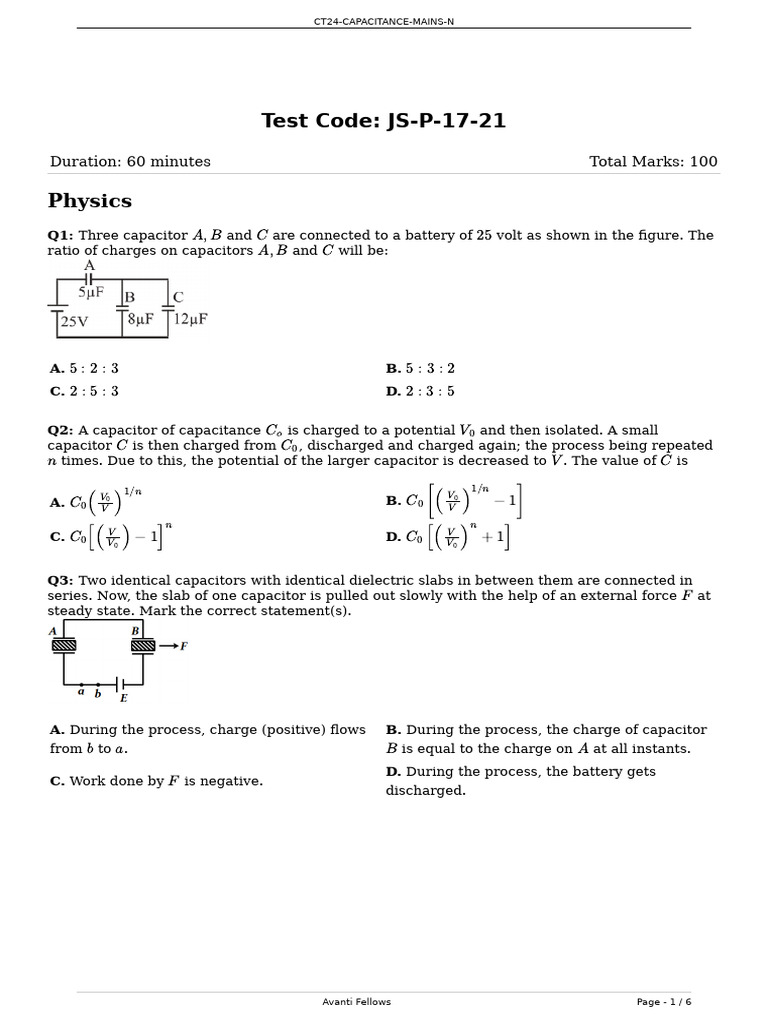 Capacitor Questions for Physics Exam | PDF | Capacitor | Capacitance