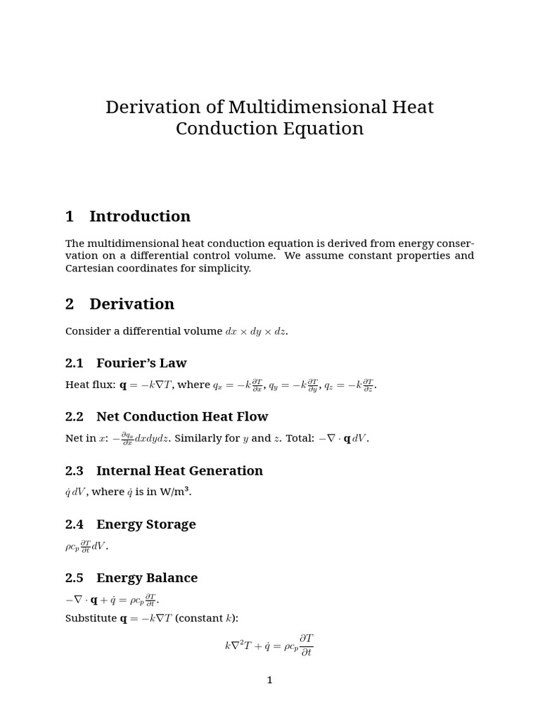 Multidimensional Heat Conduction Derivation | PDF | Thermal Conduction ...