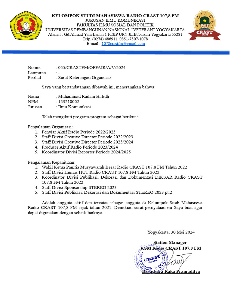 Surat Keterangan Organisasi Radio CRAST | PDF