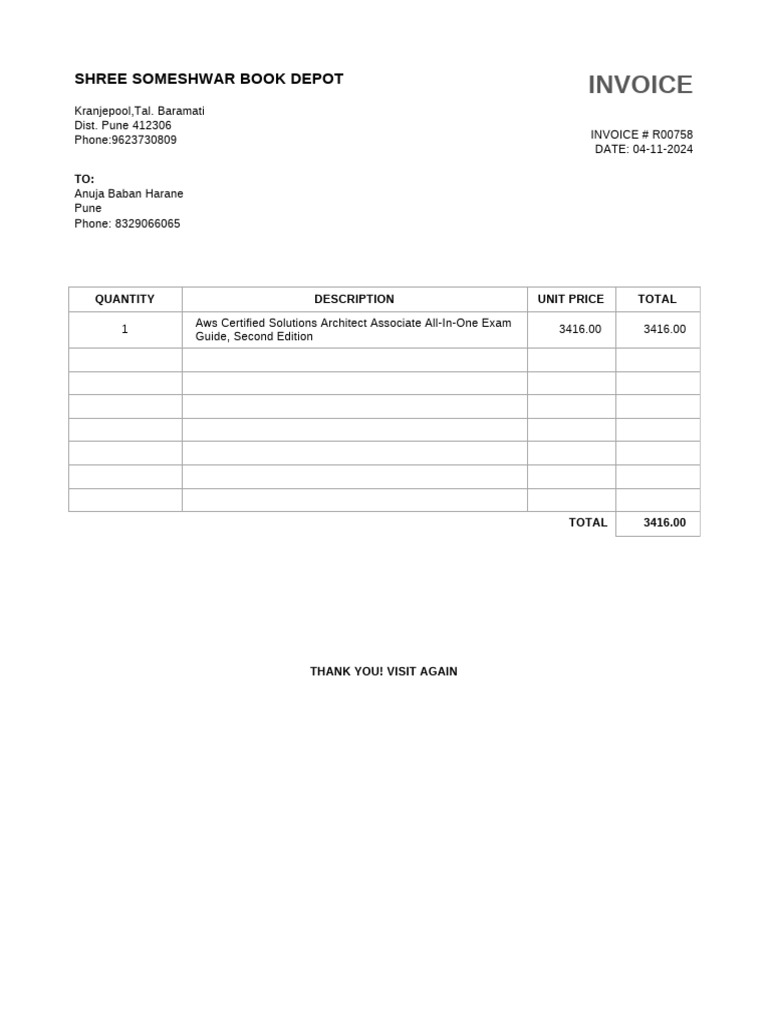 Invoice for AWS Exam Guide Purchase | PDF