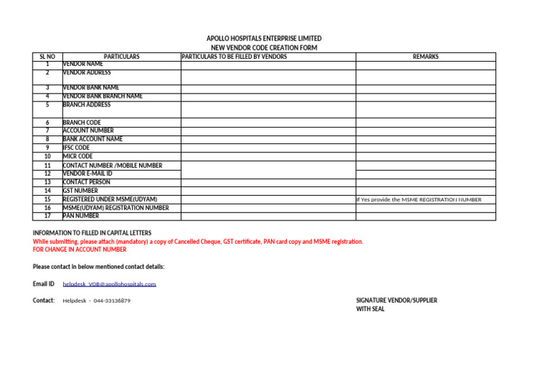Apollo Hospitals Vendor Code Form | PDF