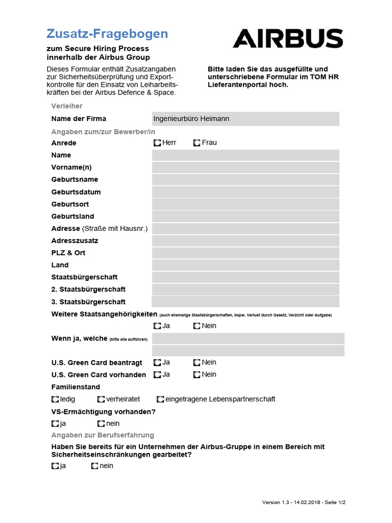 Airbus Zusatzfragebogen | PDF