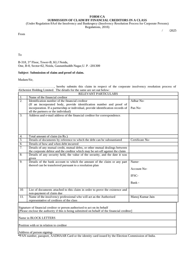 Form CA Holding | PDF | Bankruptcy | Creditor
