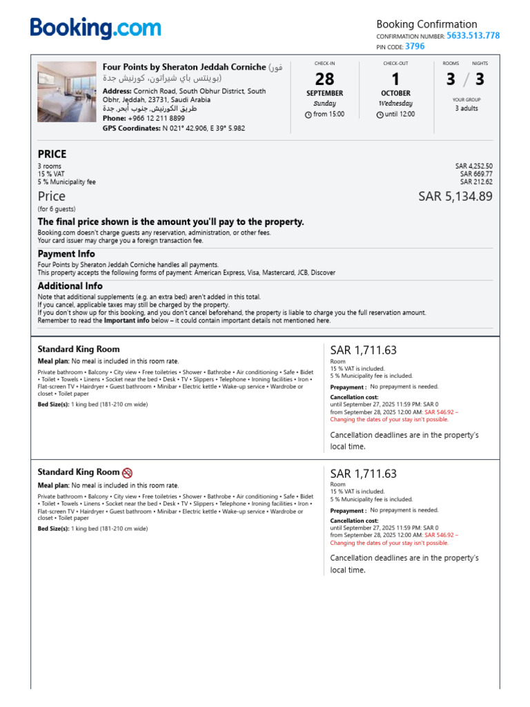 Four Points Sheraton Jeddah Booking Details | PDF | Bathroom | Payments