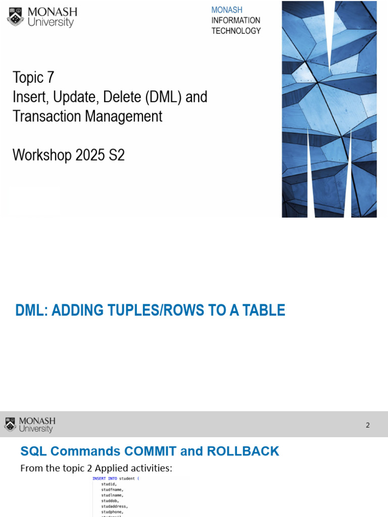 FIT9132 7 DML Transactions 2025S2 | PDF | Database Transaction ...