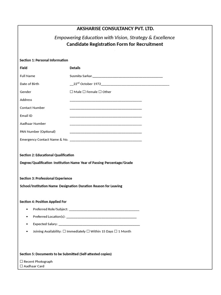 Candidate Registration Form for Recruitment | PDF | Recruitment