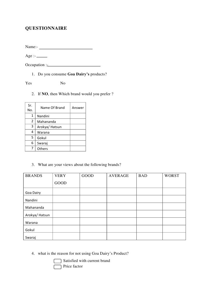 Questionnaire for Brand Preference for Dairy Industry