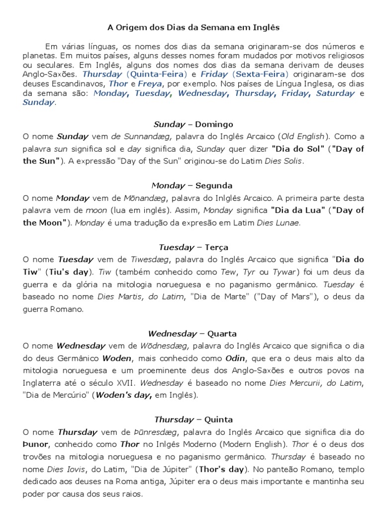 A Origem Dos Dias Da Semana em Inglês, PDF, Thor