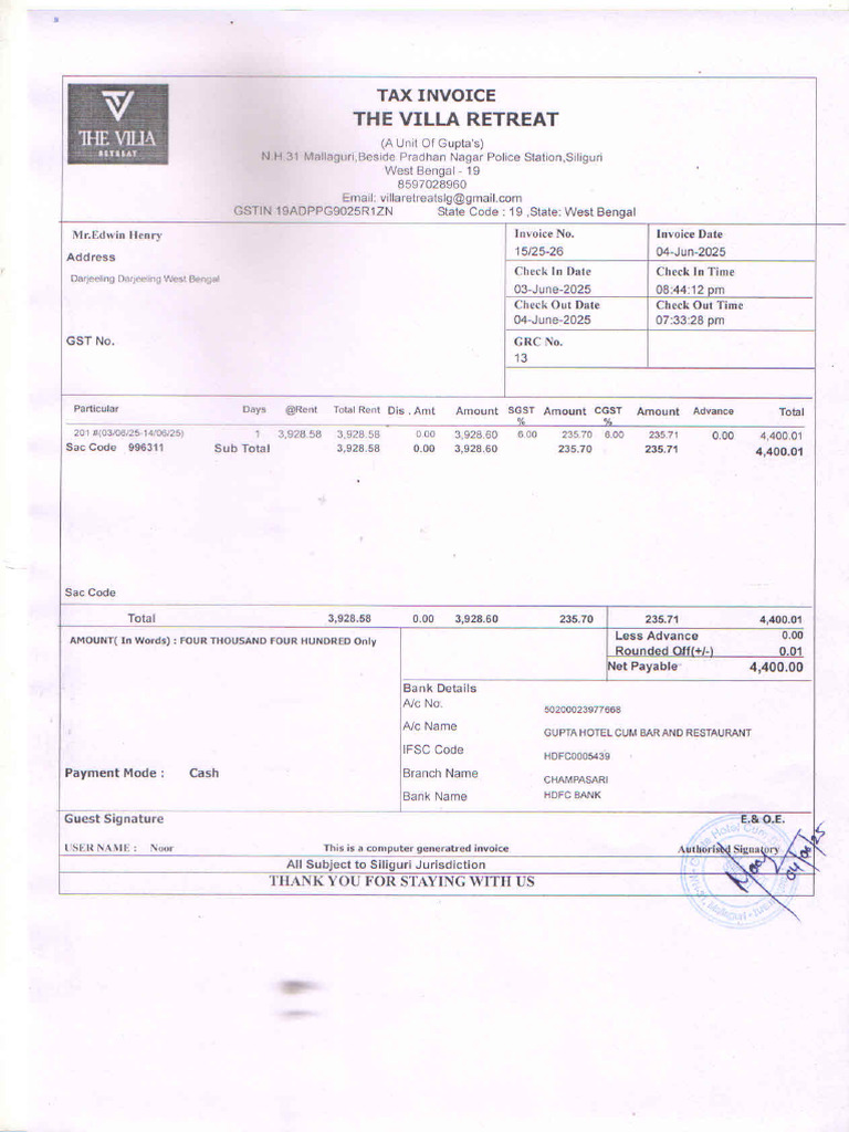 Updated Room Bill | PDF