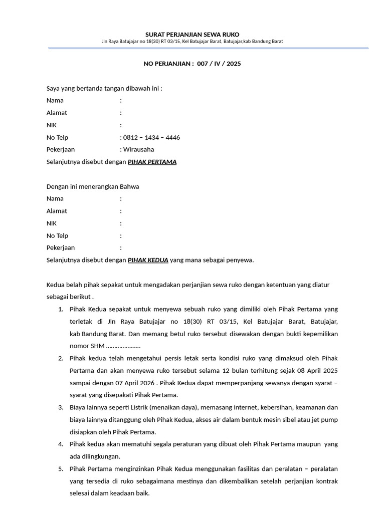 Perjanjian Sewa Ruko Bandung Barat | PDF