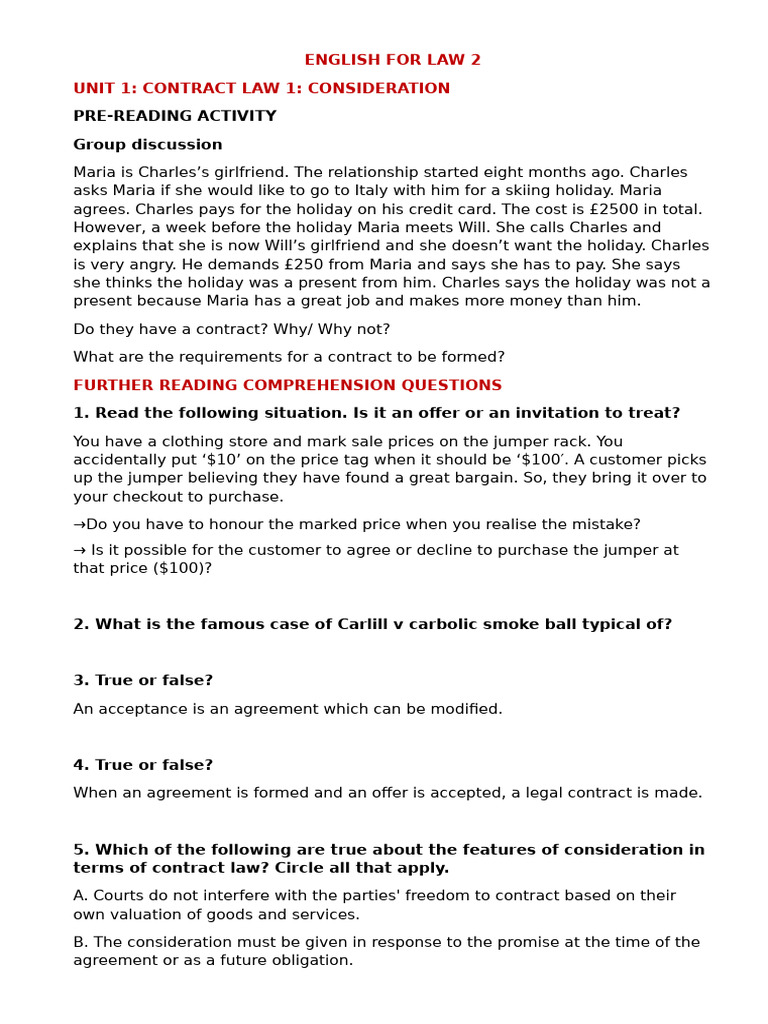 Unit 1 - Supplementary Reading Tasks | PDF | Consideration | Offer And ...