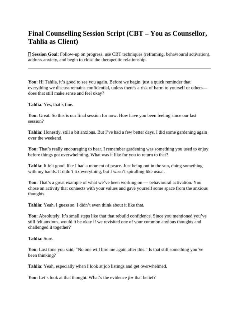 Final CBT Counselling Session Script | PDF | Cognitive Behavioral ...