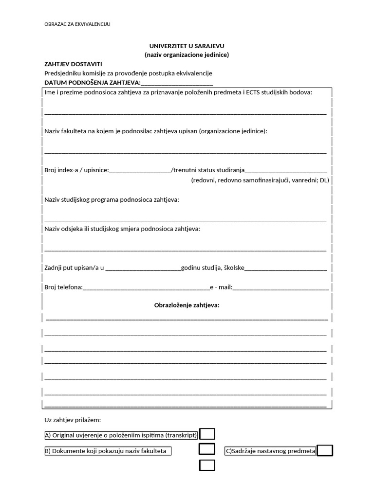 Prilog - Obrazac - Zahtjev Za Ekvivalenciju | PDF